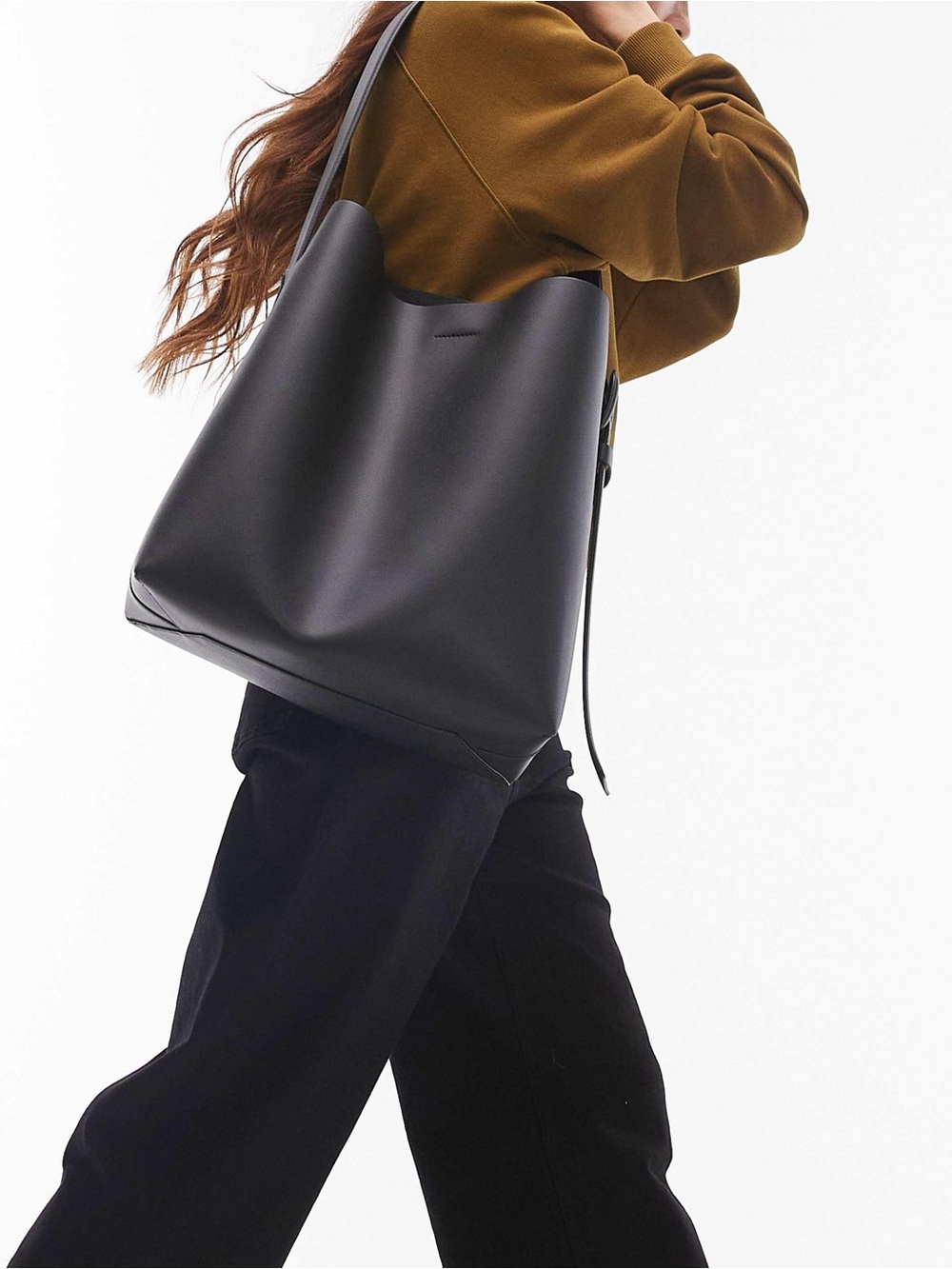 ARKET large leather bucket tote bag with buckle in black